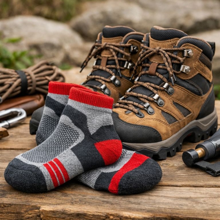 Calcetines técnicos de senderismo preparados junto a unas botas de montaña
